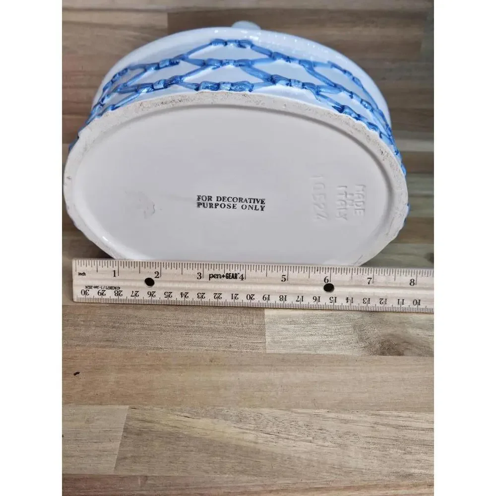 Vintage Italian Ceramic Lattice Basket Blue Woven Pottery 7" Tall Spring/Easter - Picture 10 of 15